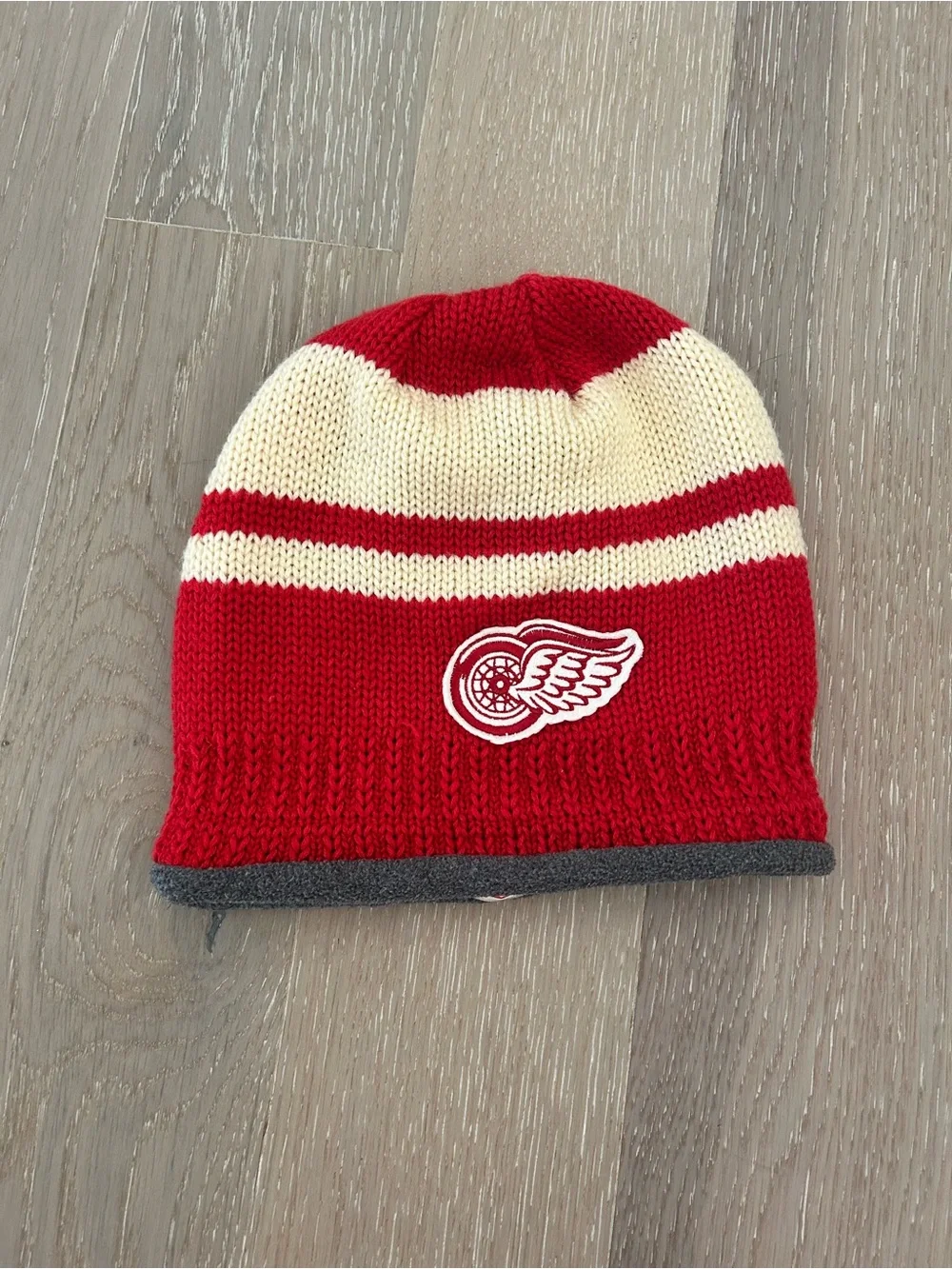 Detroit Red and Cream Knit Beanie with Team Wing Logo
